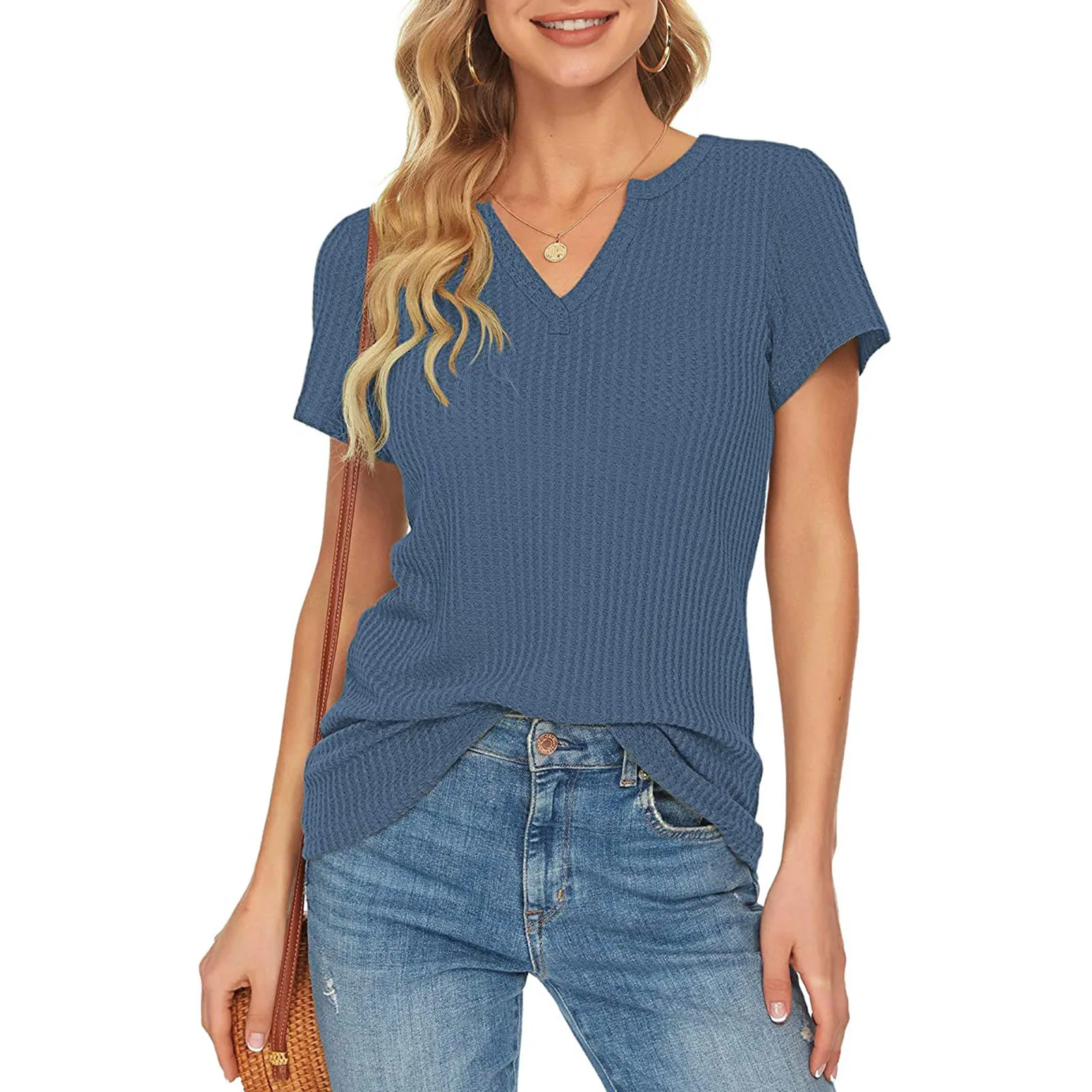 Women's Fashionable Summer Casual Solid Knitted V-neck Short Sleeves Regular Length Loose Shirt