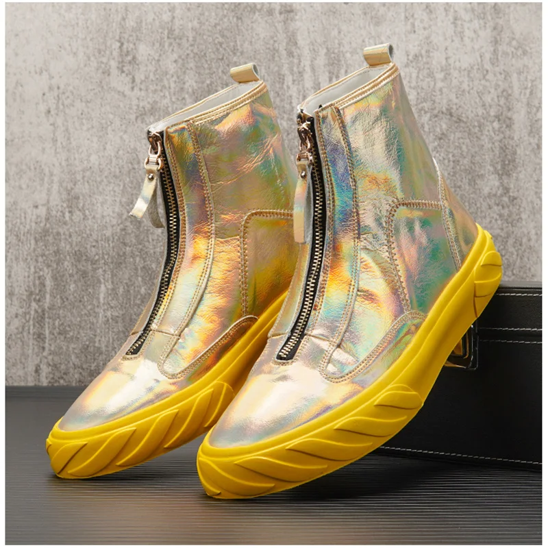 

Spring New Designer Ankle Boots Men Gold Silver Zipper Platform Shoes Causal Flats Moccasins Luxury Punk Rock Walking Sneakers