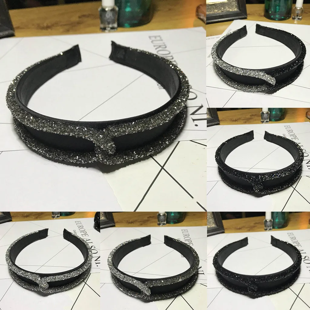 Повязка на голову женская со сверкающими вставками простой однотонный широкий