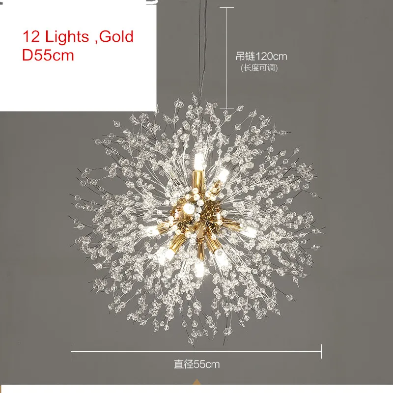 12lights Gold D55cm Скандинавские G9 хрустальные Led люстры Лофт серебро/золото фейерверк кулон Потолочный подвесной светильник светильники для гостиной магазин - Цвет абажура: 12lights Gold D55cm