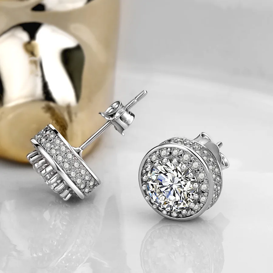 925 Sterling Silver Female Luxury Jewelry Earring 10mm Round White Zircon Excllent Wedding Earring for Women Bride Jewelry
