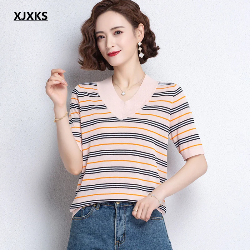 

Женская футболка с V-образным вырезом XJXKS, трикотажная льняная футболка с коротким рукавом, Новинка лета 2021