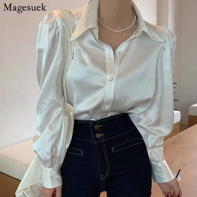 Korean Bubble Sleeve Loose Satin Button Lapel Shirt  Elegant Women Shirt Tops White New Chic Women Blouse Blusas Mujer 12635 1