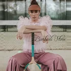 Модные женские блузки из розового тюля с оборками, женский топ из многоярусного тюля с рукавами-фонариками и пуговицами, женская одежда