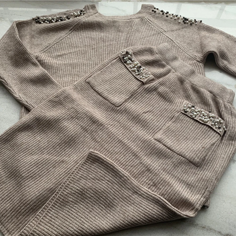 Жемчужный свитер женские костюмы модный вязаный с открытыми плечами и рукавами