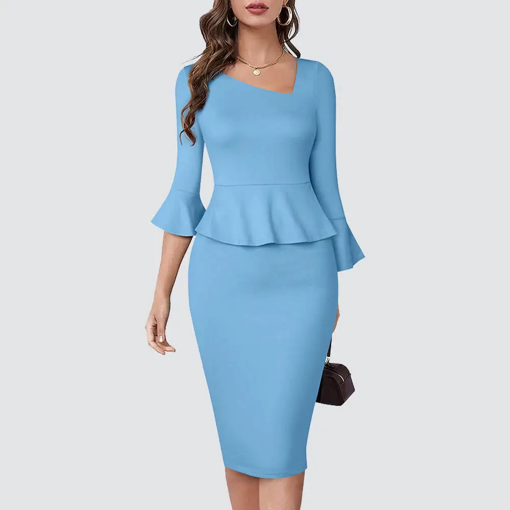 

Women Wear to Work Solid Color Flared Sleeve Peplum Lady One-Pieced Office Pencil Dress 2HB609