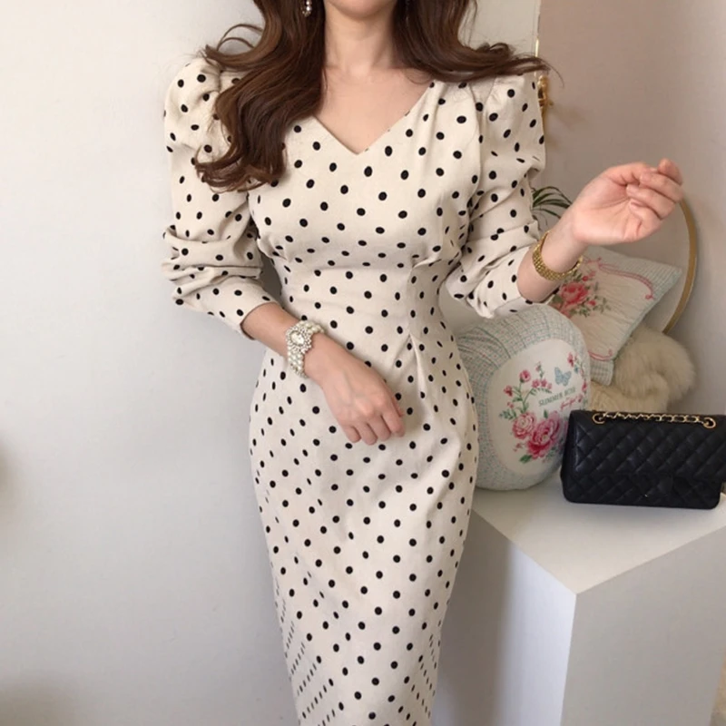 

French Style Spring Autumn Women Casual Polka Dot Print A-Line Party Corduroy Dresses Eleagnt Lace-Up Slim Fashion