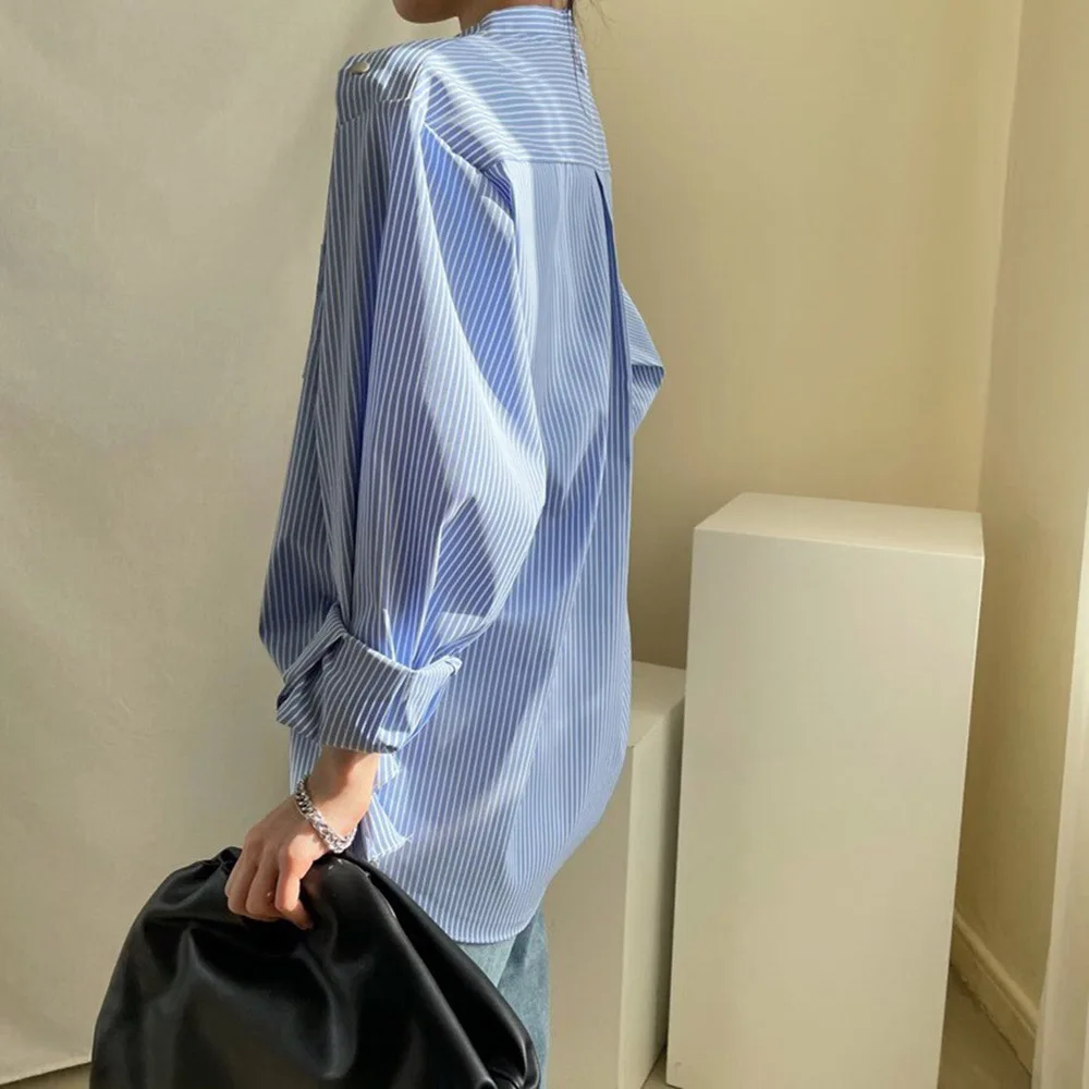 

2021 Japan Style Blouse Korean Fashion Temperament Casual Loose Buttons Stripe Splicing Lantern Sleeve Stand-up Collar