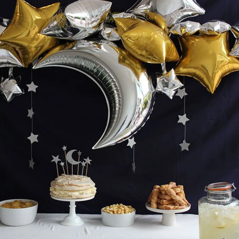 

Eid Mubarak Gold Balloons Paper Banner Ramadan Decoration Mubarak Balloon Wooden Moon Craft LED Light Ramadan Decor for Home