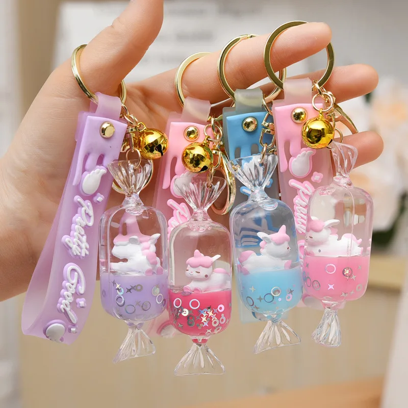 

Cartoon Floating Unicorn Candy Keychain Creative Liquid Floatation Acrylic Women Car Bag Pendant Key Chain Backpack JewelryGift