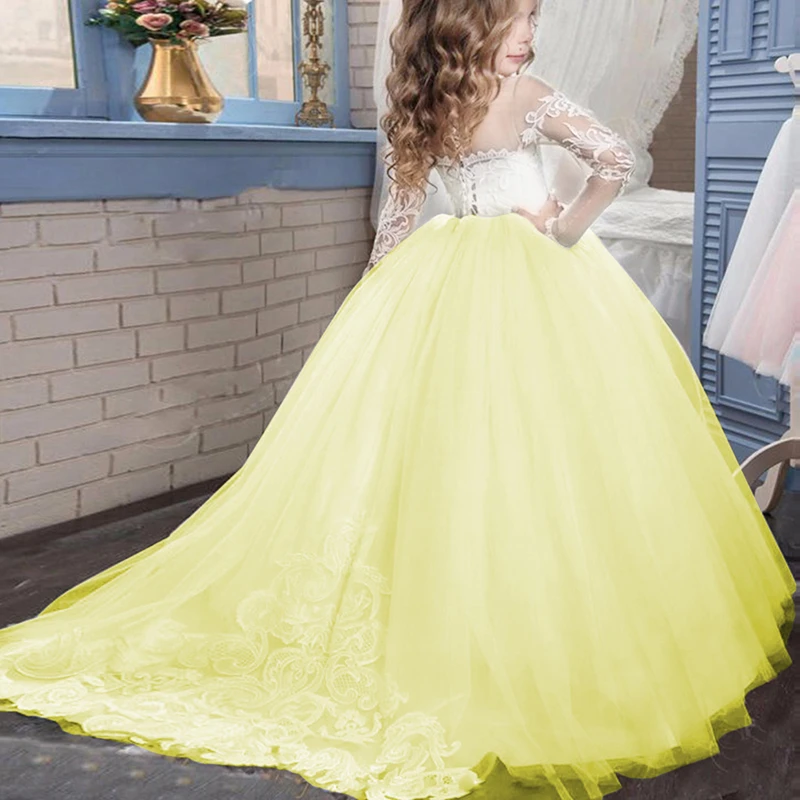 Платье принцессы для первого причастия для девочек бальное платье с высокой талией, пышное длинное платье из тюля детское платье подружки невесты с цветочным узором для девочек на свадьбу
