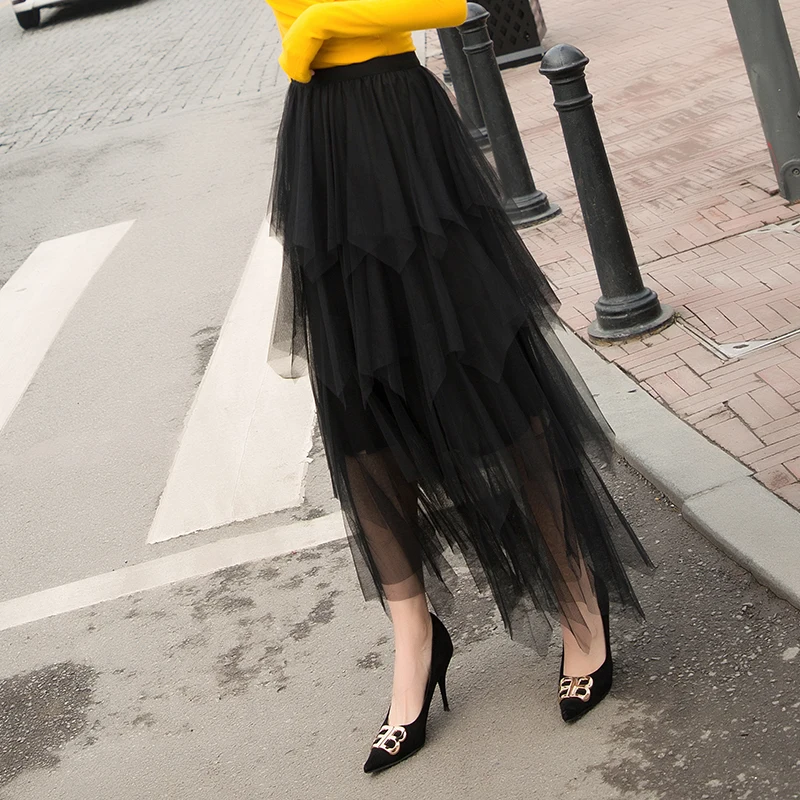 

2021 Summer Womens Sheer Tutu Skirt Mesh Layered Party High Waist Elegant A-line Midi Skirt Harajuku Vintage Long Skirt