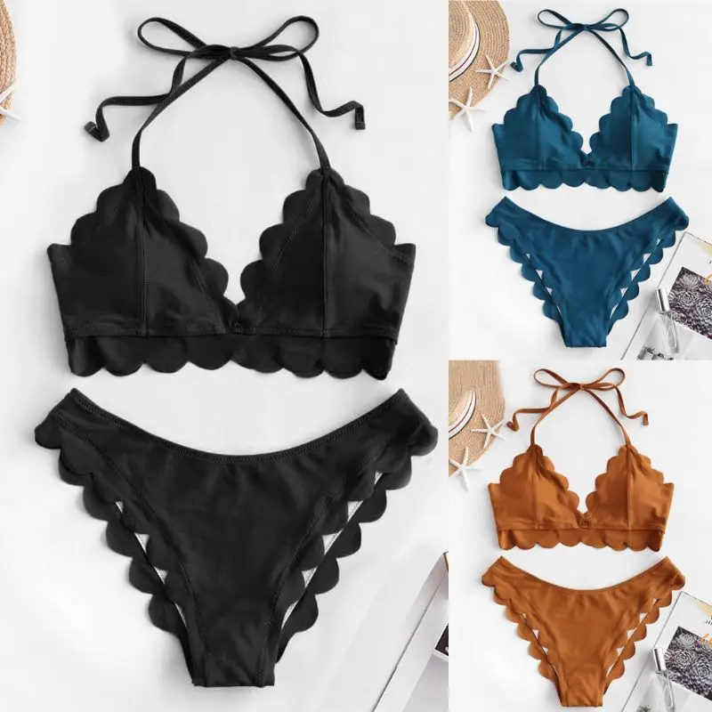 

Women Sexy Two Piece Bikini Halter Bandage Scalloped Wavy Swimsuit Solid Color High Cut Push Up Padded Bathing Suit