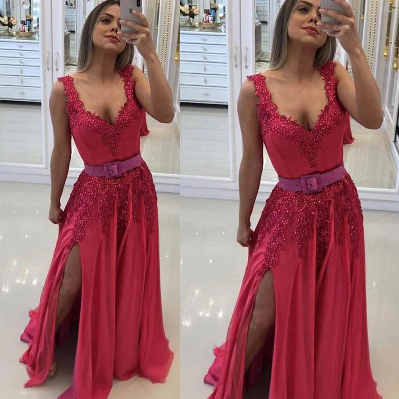 

pink prom dresses 2020 deep v neck lace appliques pearls side slit chiffon a line evening dresses