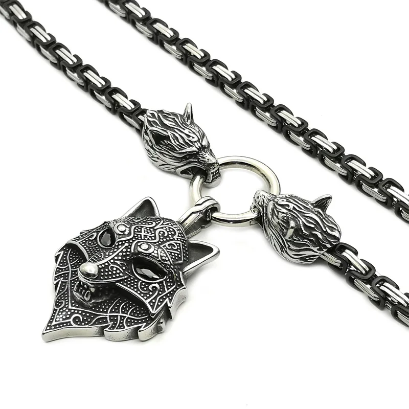 

Men Stainless Steel Wolf head chain with titanium steel wolf head pendant necklace viking king chain fashion Viking accessories