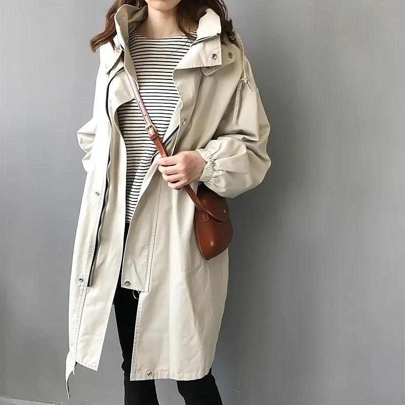 

2020 New Spring Autumn Long Trench Coat Women Long Sleeve Hooded Outerwear Korean Loose Tooling bf Female Windbreake D200810