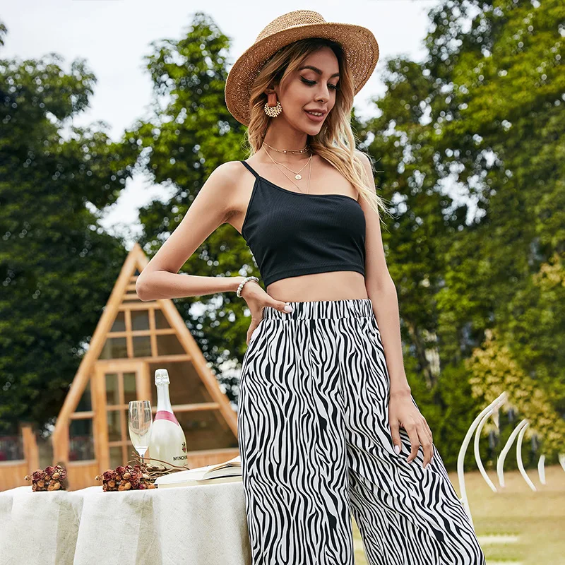 

2021 Spring New Co-ords Fashion Zebra Pattern Wide Leg Pants Summer Two Piece Sets Sexy Crop Top Set Women Short Camis Trousers