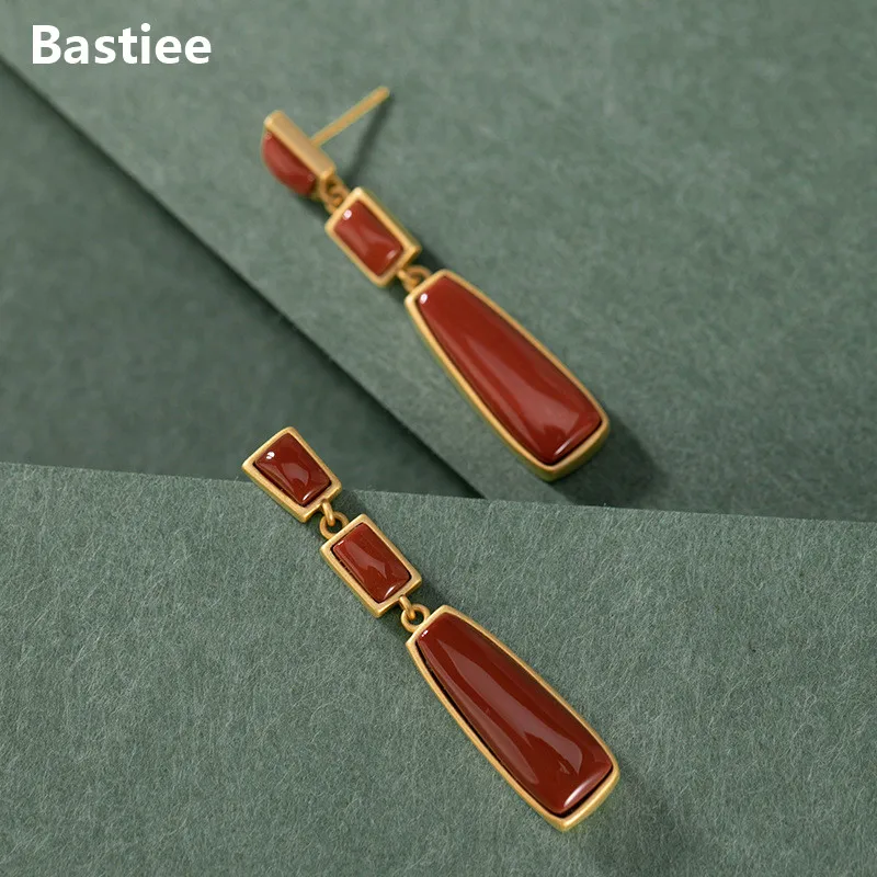 Bastiee Geometry Drop Earrings 925 Sterling Silver Jewelry For Women Dangle Earings Red Agate Gold Plated Luxury Trendy Earings