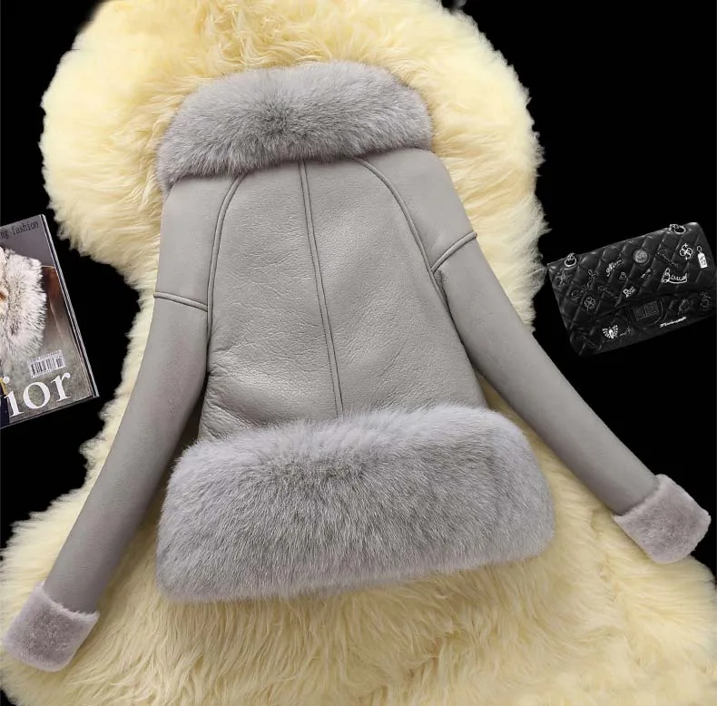 Luxury woman genuine natural sheepskin shearing leather coat with large fox fur collar ladies short wool jacket black customized