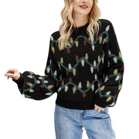 Women Christmas Long Sleeve Sweater Tinsel Colorful Lights Knitted Jumper Top
