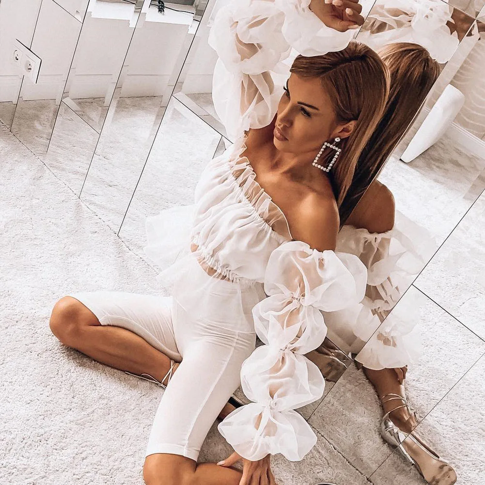 Summer New Women Sexy Off Shoulder Ruffles Organza Blouses Long Puff Sleeve Mesh Sheer Crop Tops Shirt Short Blouse | Женская одежда