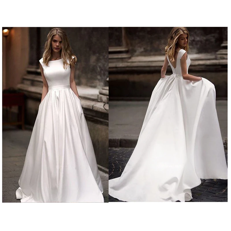 2020 сексуальные атласные свадебные платья с открытой спиной карманом без рукавов