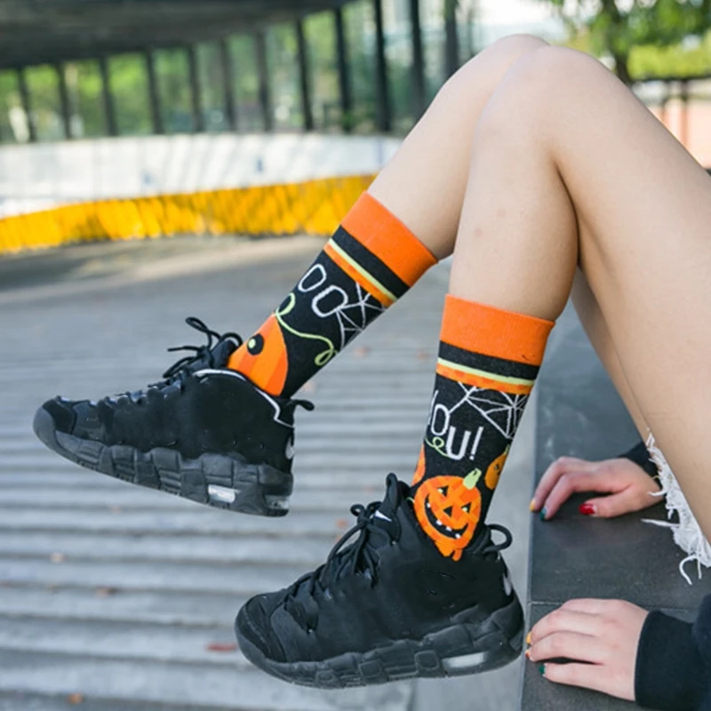 

Halloween AB Asymmetrical Long Crew Socks Cartoon Pumpkin Holiday Tube Stockings X5XD