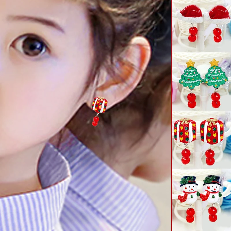 

New Christmas Children's Earrings Ear Clips Creative Party Gift Ornaments Korean Girls Stars Moon Smiley Christmas Red