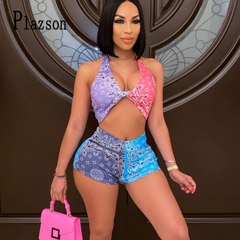 

Summer Print Spaghetti Strap Two Pieces Outfits Women Casual Tank Tops And Shorts Female Backless Beachwear 2 Piece Set 2021