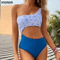 ingaga one shoulder swimwear cut out women swimsuits one piece 2021 floral print bodysuits swimming suit for women beachwear