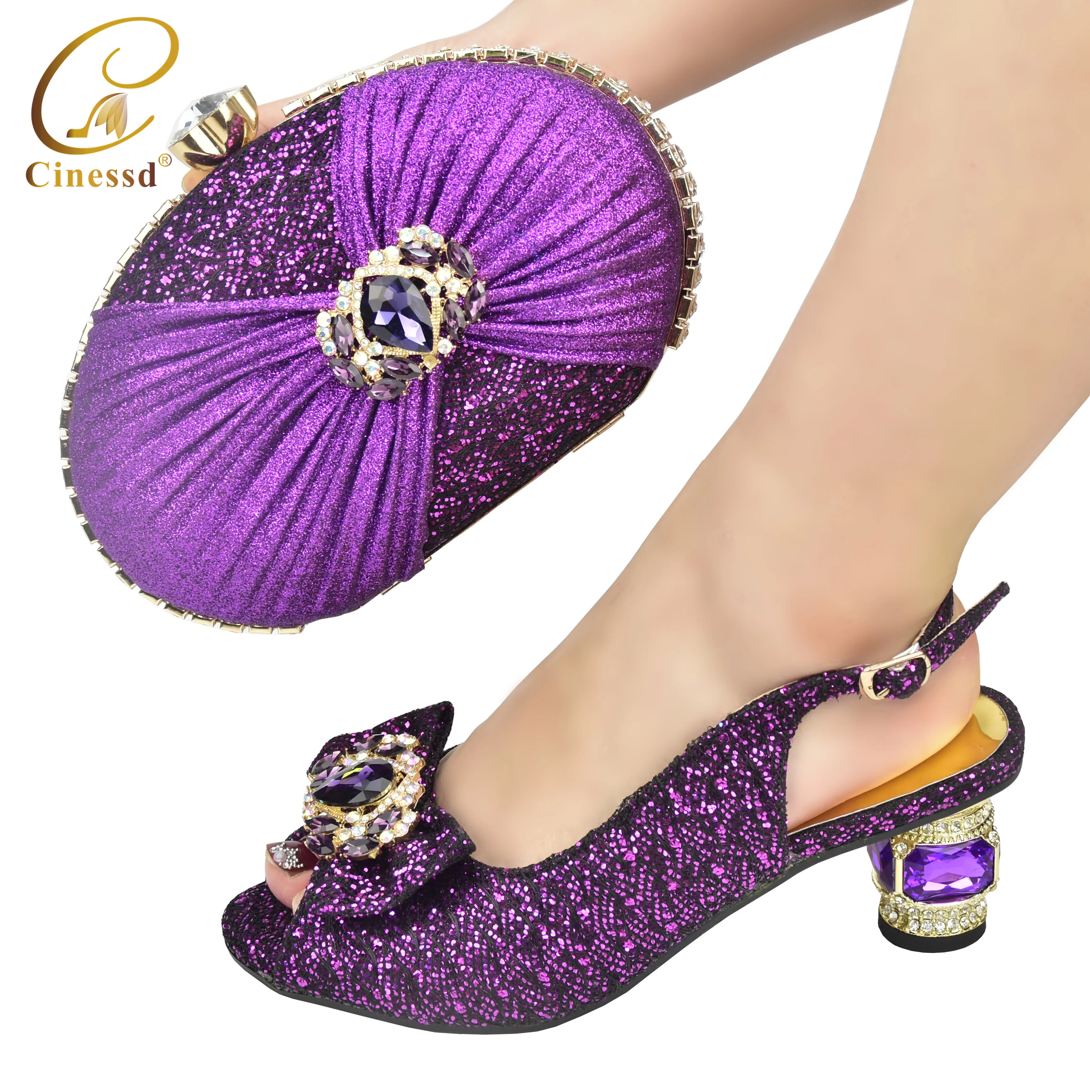 

African Women Matching Italian Shoe and Bag Set for Purple Color Heels Wedding Italian Shoes with Matching Bags Italy