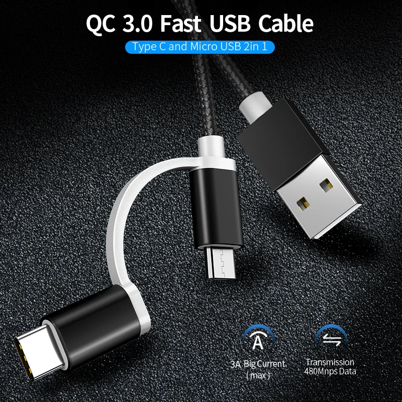 Udyr 2 в 1 USB кабель Micro Type C для Samsung S10 Huawei Xiaomi Oneplus быстрая зарядка нейлоновая оплетка