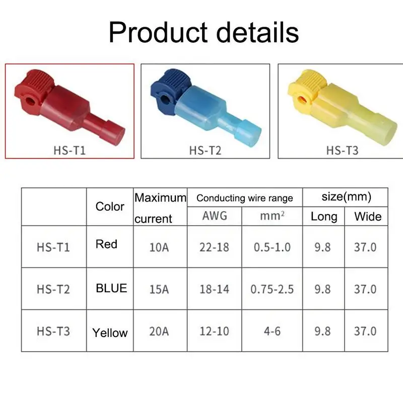 

200pcs Red Wire Cable Connectors T-Taps & Male Insulated Wire Connectors Set Terminals Splice Quick 0.5-1.5mm2 Lock 22-18AW Y0M5