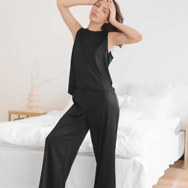 

Spring Satin Sleeveless Vest Pants Pajamas Suit Women's New Simple Vertical Sense Home Wear Two Piece Set
