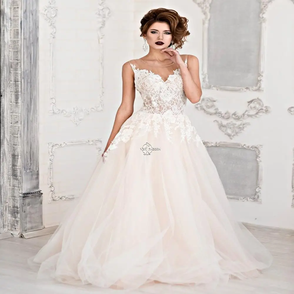 

Кружевное свадебное платье-трапеция с глубоким круглым вырезом, красивые свадебные платья цвета слоновой кости, Тюлевое платье со шлейфом