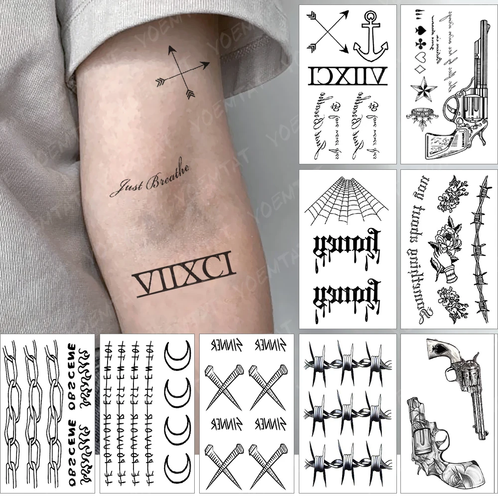 9pcs/lot Waterproof Temporary Tattoo Stickers Black Text Chain Spider Web Gun Flash Tatoo Men Women Wrist Body Art Fake Tatto