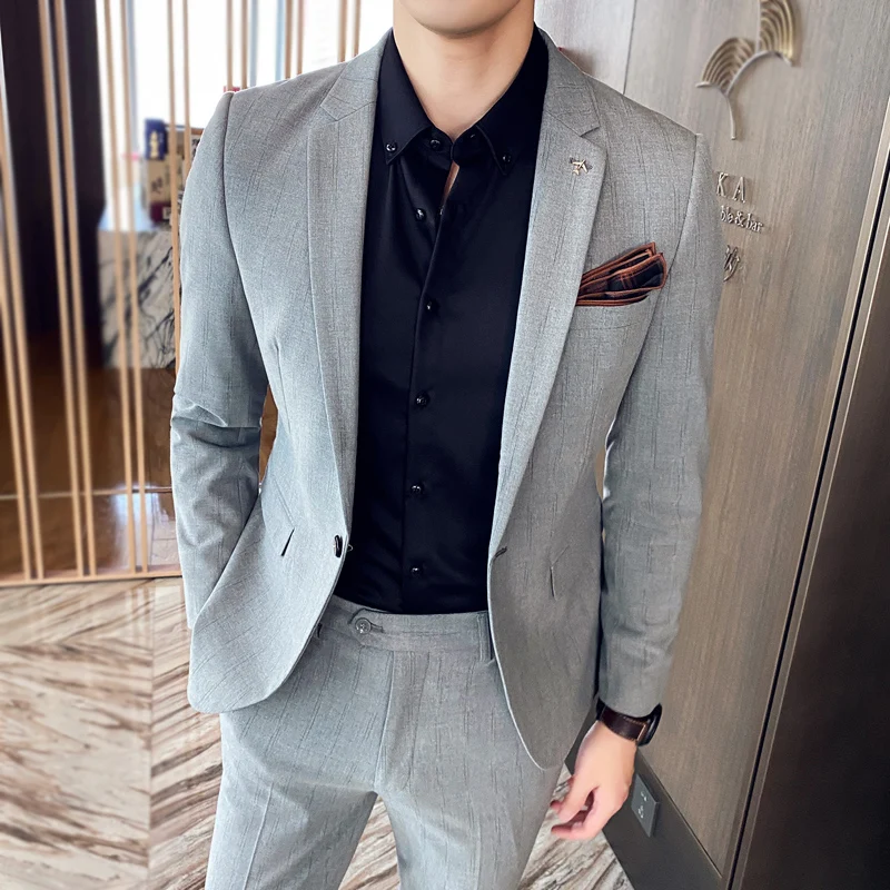 Men's business Suit korean slim Blazers Trousers stripe One Button New dress Asian size high quality man wedding suit | Мужская