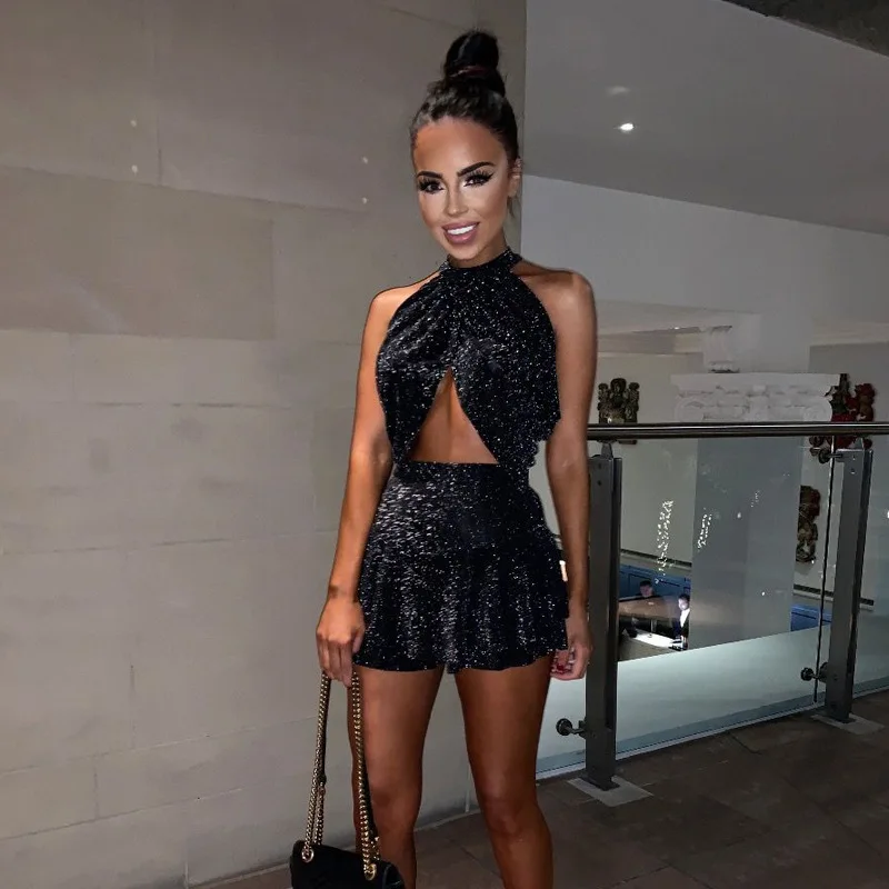 

CHRLEISURE Sexy Women Two Piece Set Hollow Out Sleeveless Tops And Mini Dress Women 2 Piece Set Women Night Club Clothes Women