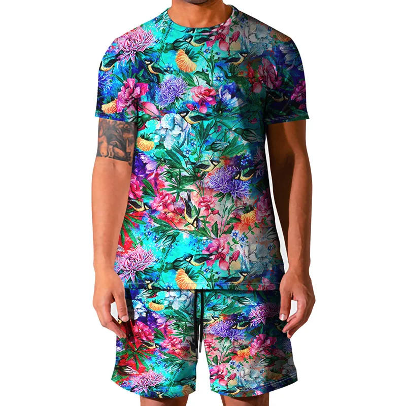 

2021 Summer New Beautiful Flower 3D Pattern Printing Fashion O-neck T-Shirt + Shorts 2-Piece Set Casual Comfortable Men's S-6XL