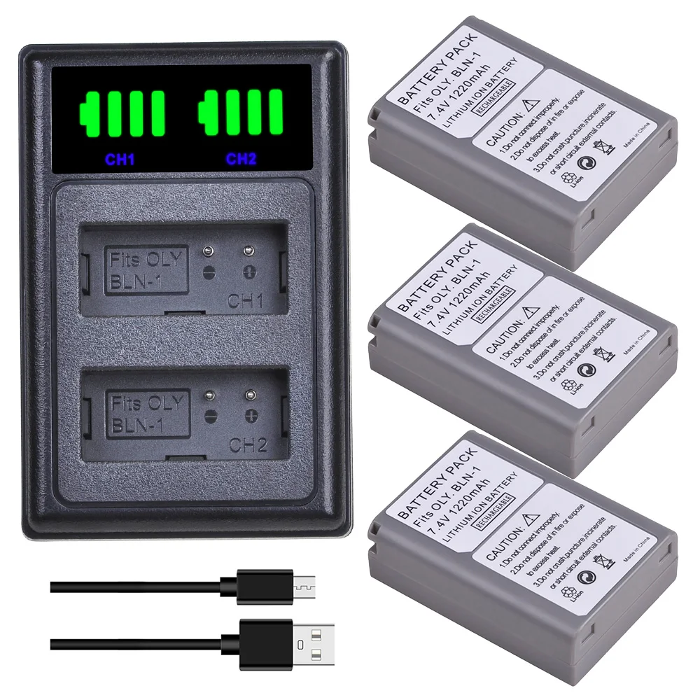 

3× BLN-1 PS BLN1 PS-BLN1 Bateria Battery + Dual LED USB Charger for Olympus OM-D E-M1 E-M5 Mark II PEN-F E-P5 EM1 EM5 PENF EP5