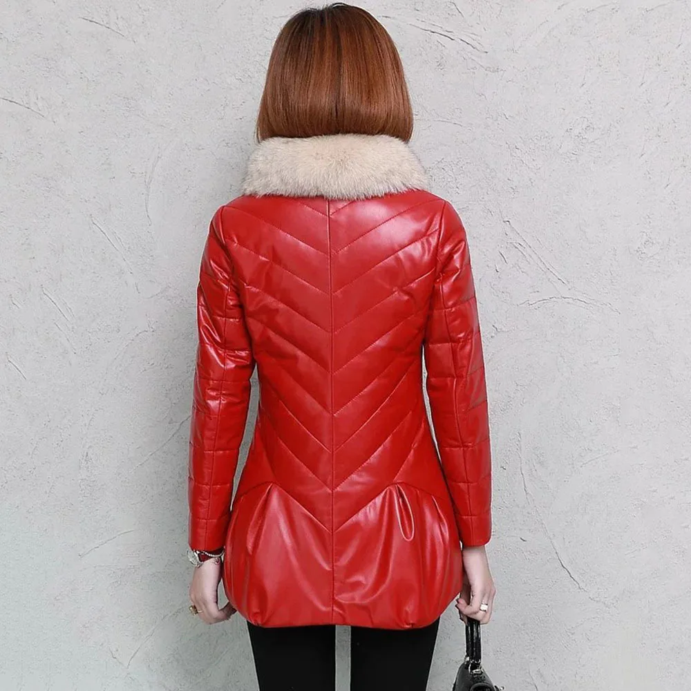 

Winter New Style PU Leather Female Short Faux Fox Fur Collar Thick Down Cotton Jacket Faux Fur Slim Was Thin Coat Leather Jacket