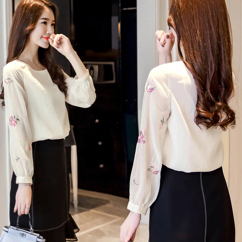 Женские топы и блузки женские шифоновая блуза с вышивкой 2021 сезон весна Новинка