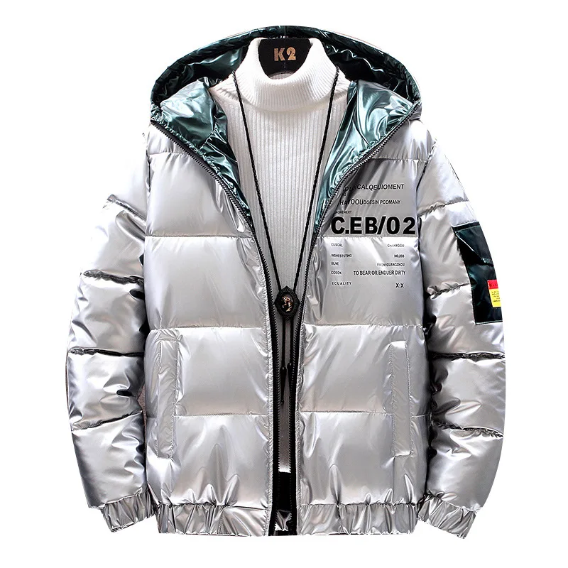 

Winter Men Jacket Thick Warm Parka Jackets Silver Bright Glossy Bread Coat Fashion Young Loose Hooded Cotton Jacket Male Outwear