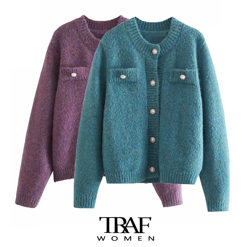 

Женский вязаный кардиган с искусственным жемчугом, круглым вырезом и длинным рукавом