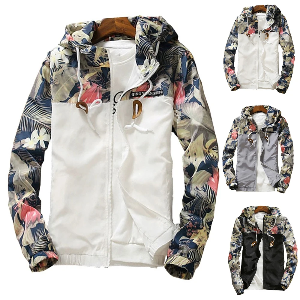 

Autumn Printed Hooded Coat Men's Jacket Coat Patchwork Thin Long Sleeve Drawstring Zipper Sports Jacket Men's Clothing