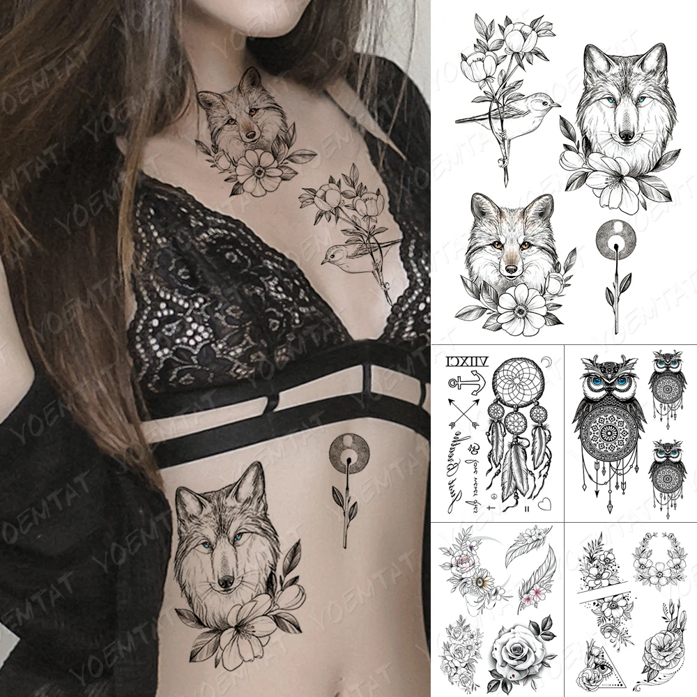 

Waterproof Temporary Tattoo Sticker Wolf Fox Bird Flowers Flash Tattoos Dandelion Body Art Arm Fake Tatoo Women Men