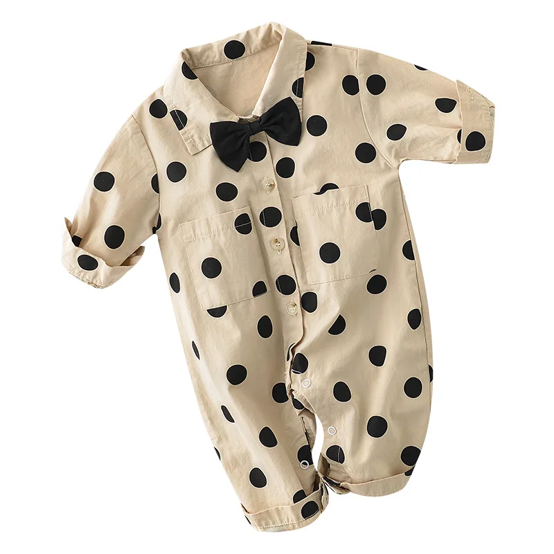 

WLG Baby Fall Clothes Boys Girls Dot Printed Beige Bow Rompers Toddler Casual All Match Romper