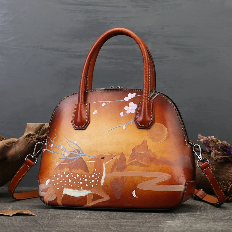 

2021 new leather women's bag hand-painted Christmas deer head Leather Messenger Handbag
