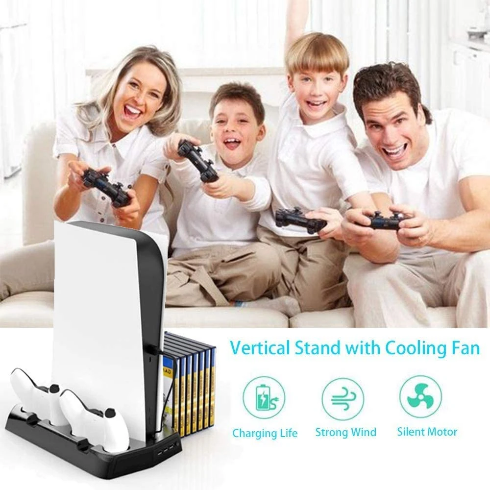 

Charging Stand with Cooling Fan Game Controller Charging Station with Indicator 3 Hub Port Dual Controller Charger for PS5