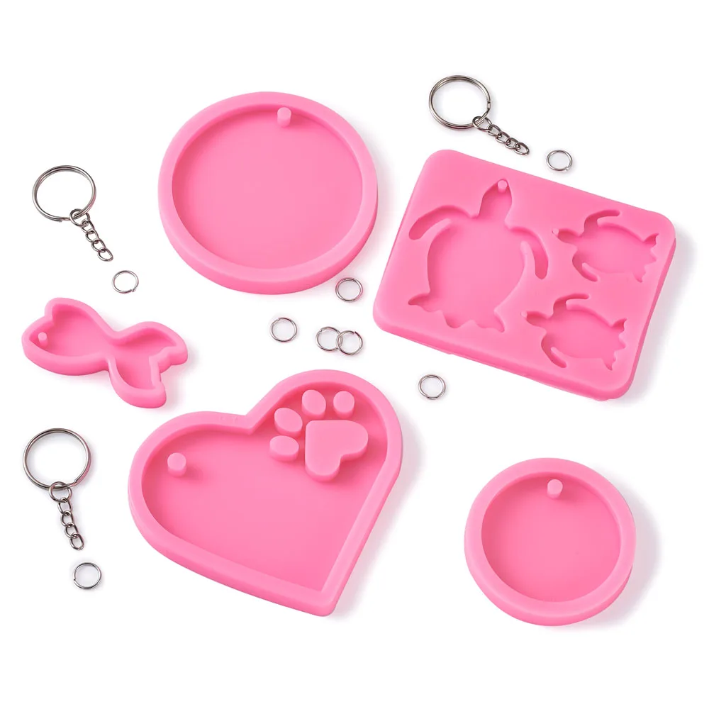 

Resin Molds Silicone Ribbon Cross Maple Cactus Butterfly Heart Keychain Soap Casting Mould with Jump Ring Keychain Clasps